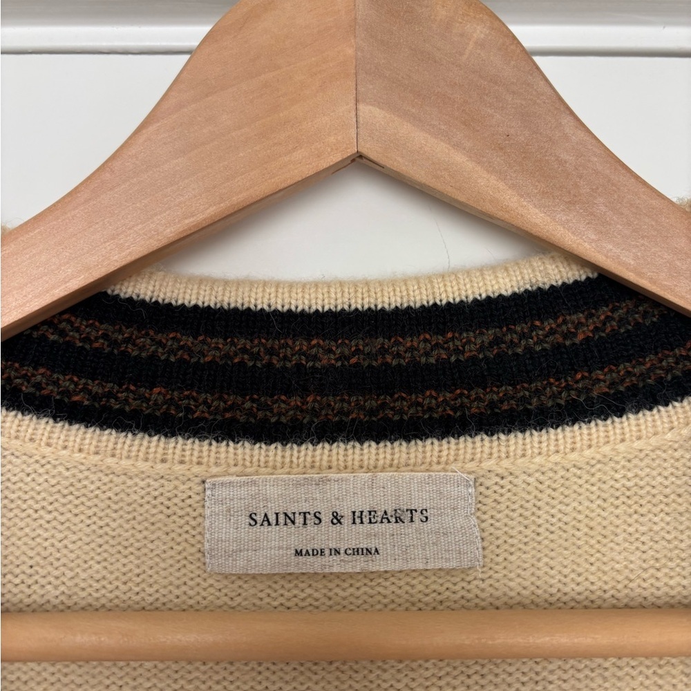 Saints & Hearts Southwestern Fringe Brown Cream Cardigan Duster Boho Aztec M/L - Picture 5 of 9